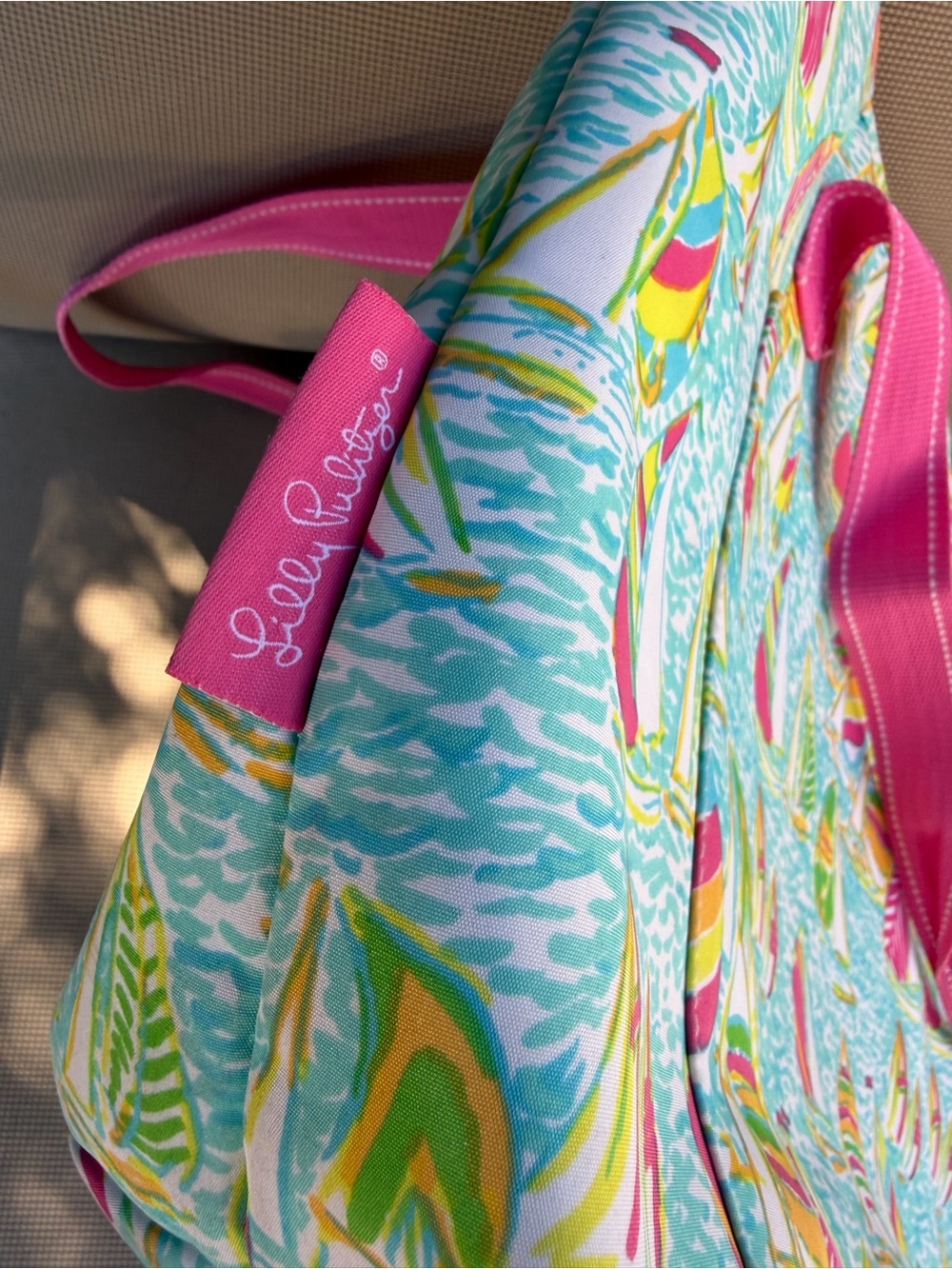 Lilly Pulitzer Multicolor Sailboat Print Tote with Pink Handles - Picture 4 of 6